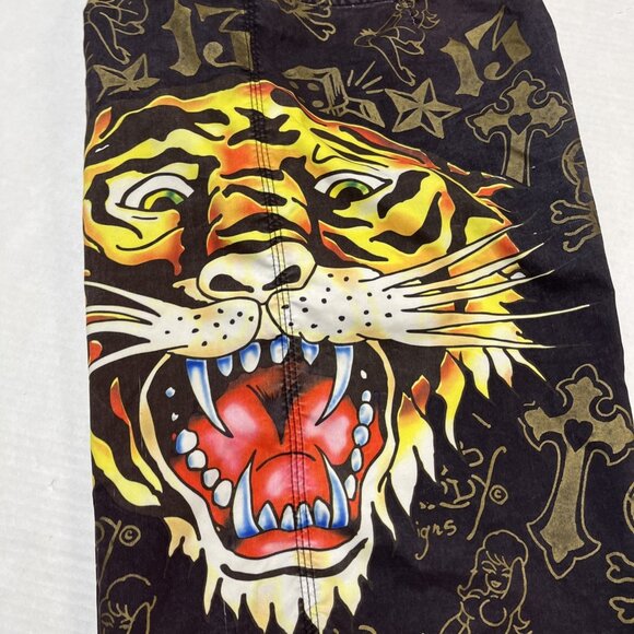 Y2K Ed Hardy Surf or Die Swim Trunks Board‎ Shorts Mens 32 Tattoo Skull Tiger - Picture 10 of 10
